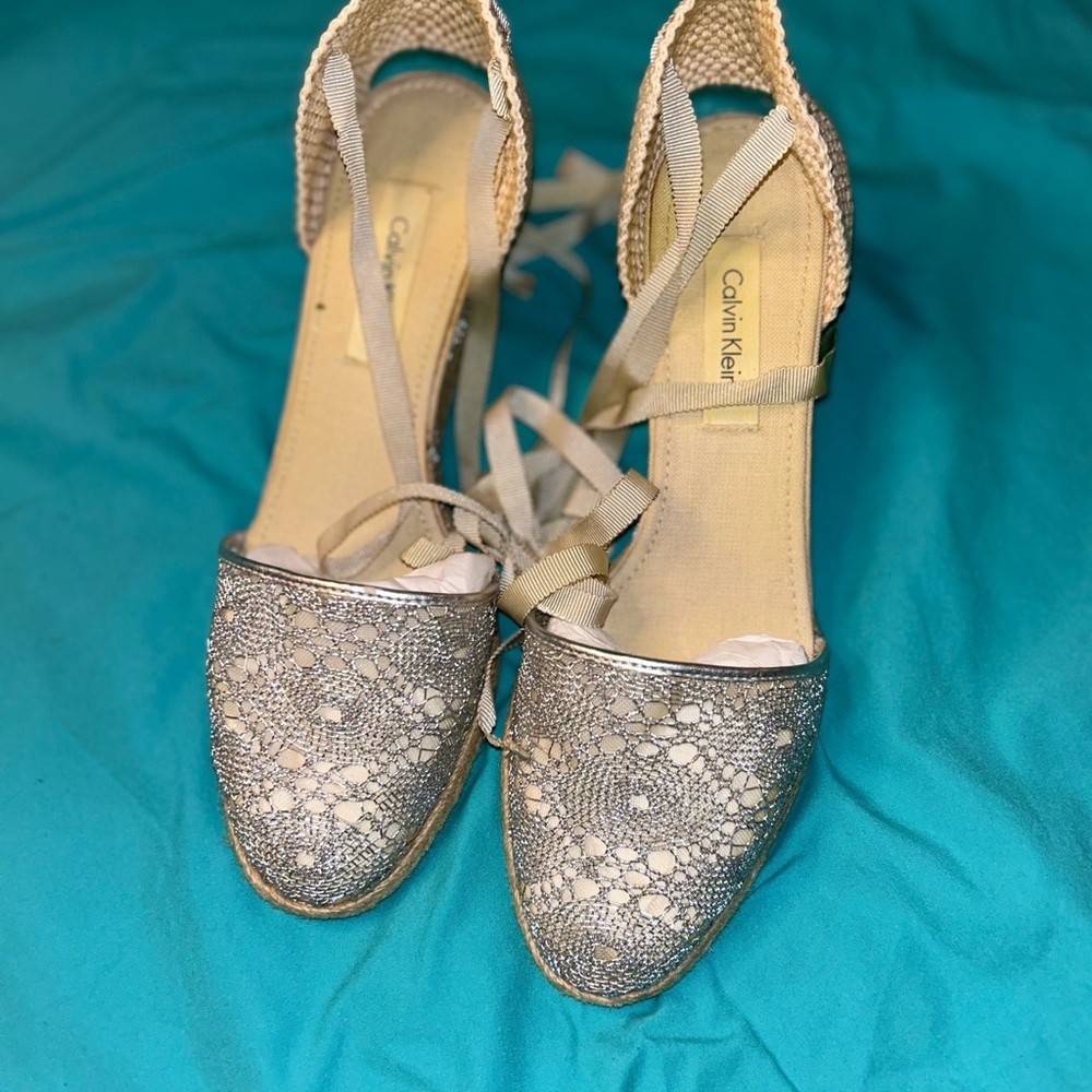 Calvin Klein Silver Espadrilles with Ankle Straps